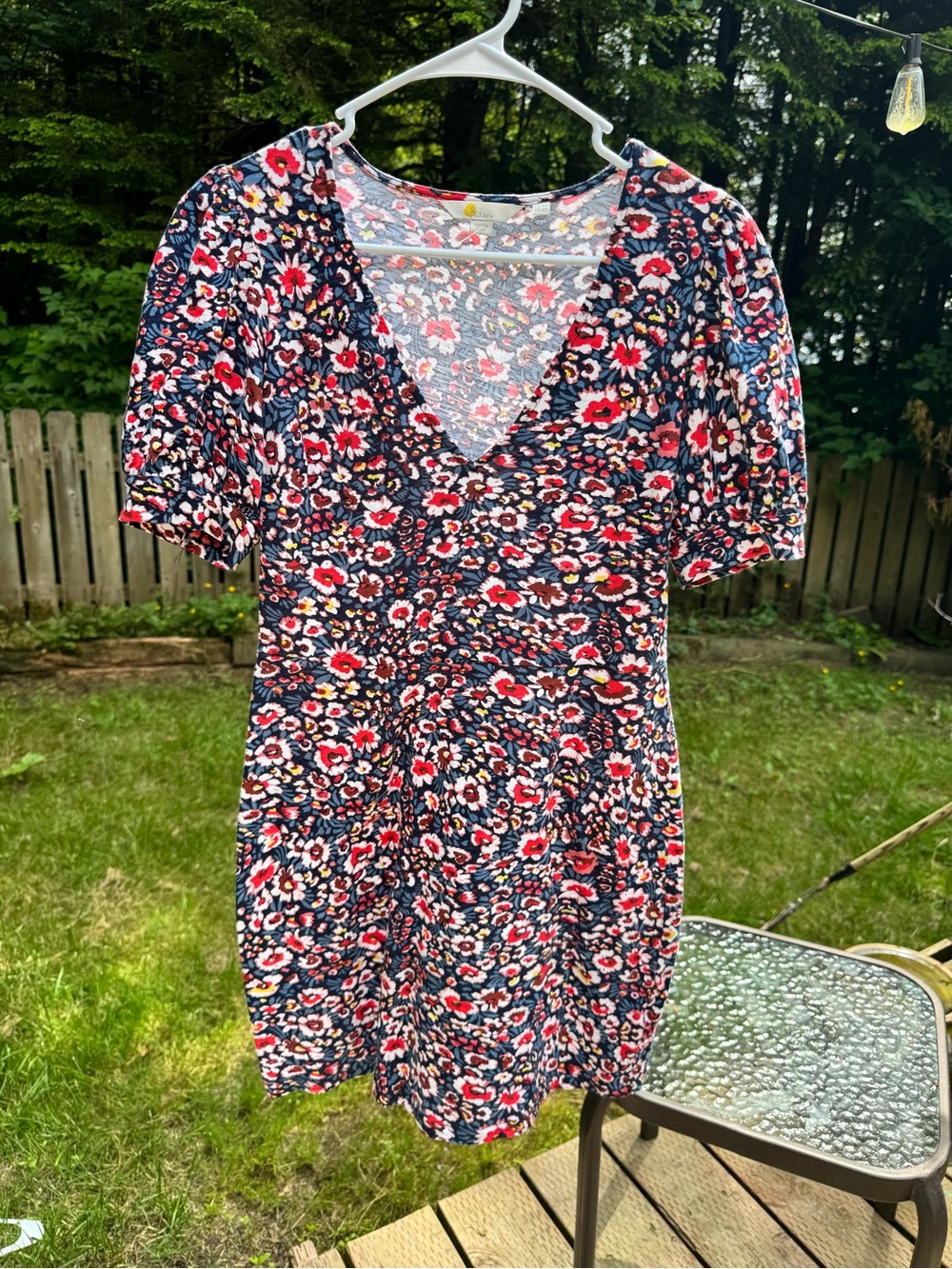 Boden Navy Floral V-Neck Mini Dress with Red and White Blooms